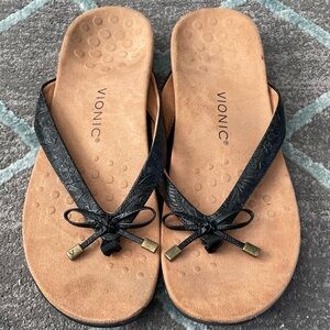 Vionic Black and Brown Sandals with Decorative Bow